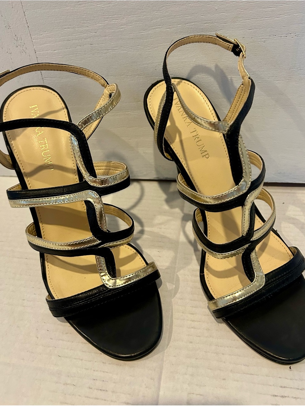 Ivanka Trump Black and Gold Strappy Heeled Sandals